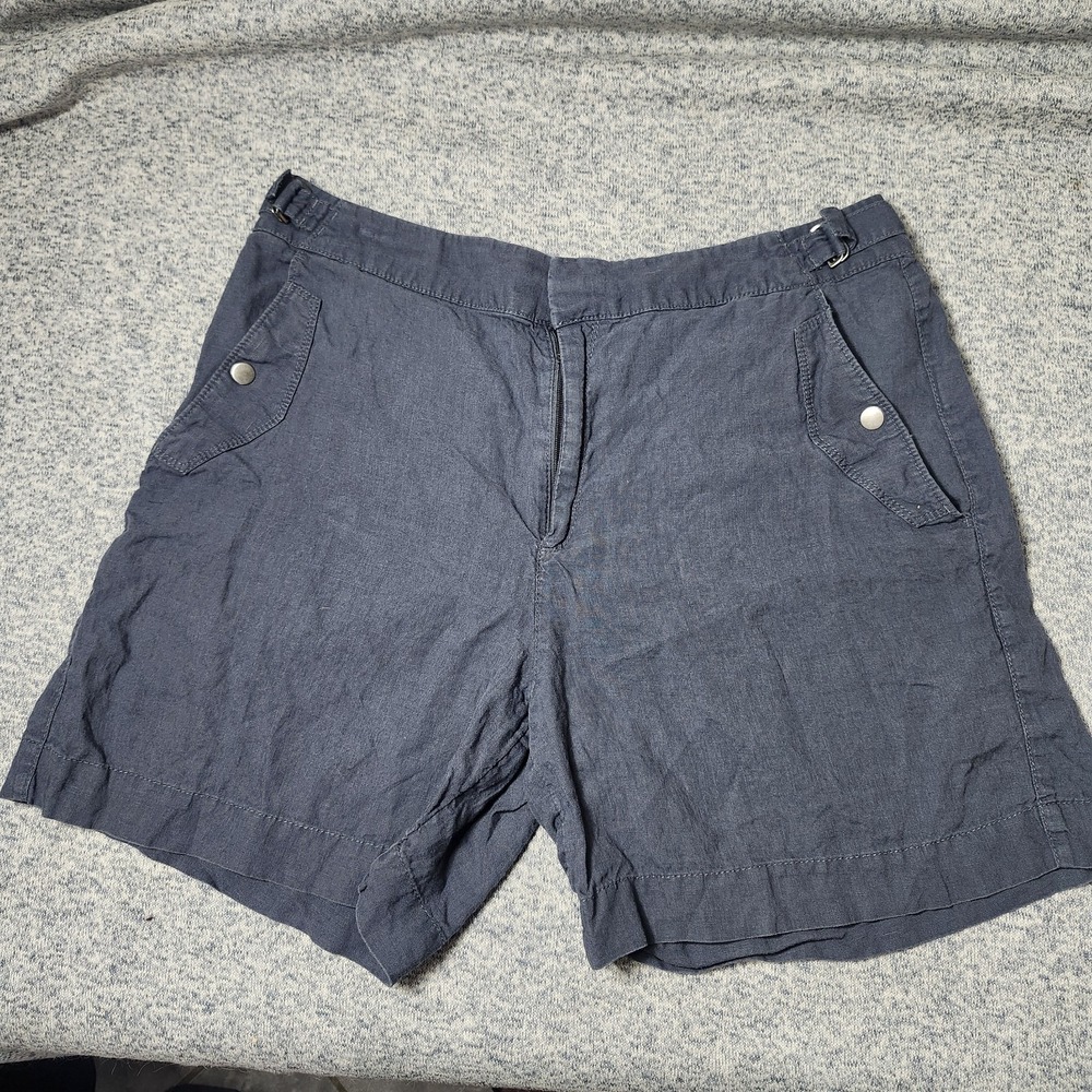 Athleta Blue 100% Linen Shorts Womens Size 16 Hook Zip Front Pockets